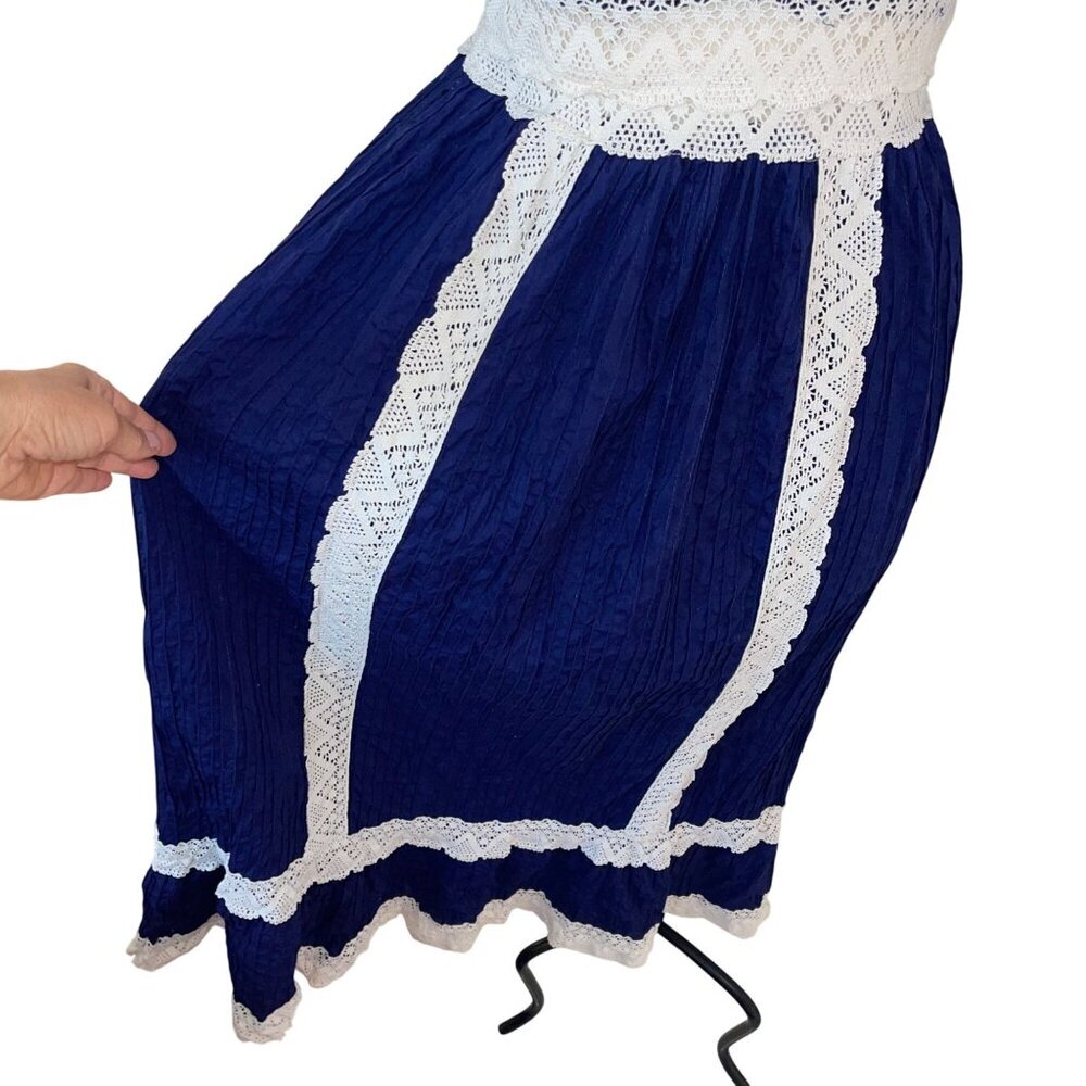 Vintage Womens Dress Size Small Blue Mexican Sleeve Crochet Lace Pintuck Cotton - Picture 7 of 14